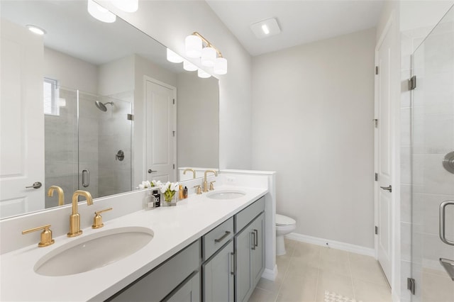 bathroom featuring tile patterned floors, vanity, toilet, and an enclosed shower