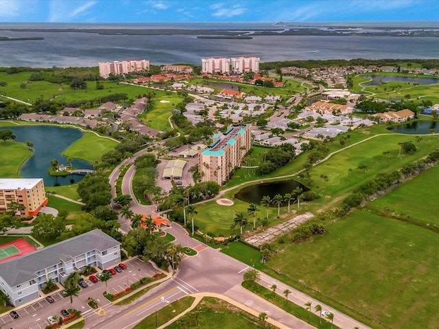 bird's eye view with a water view