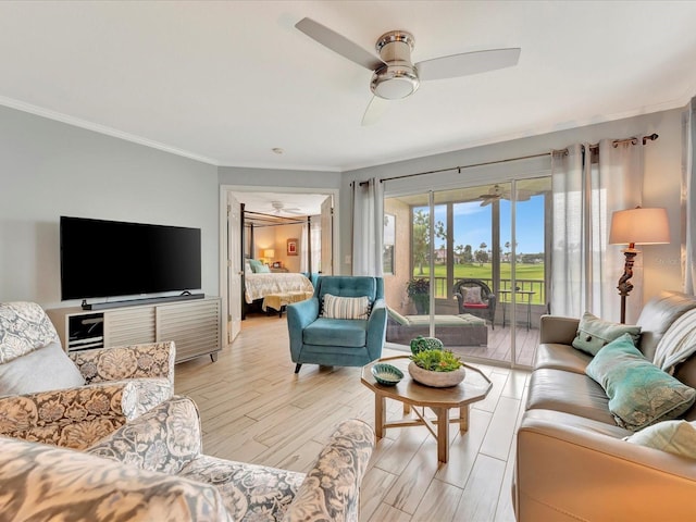 living room with ceiling fan, light wood-type flooring, and crown molding