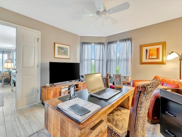 office area featuring ceiling fan and light wood-type flooring