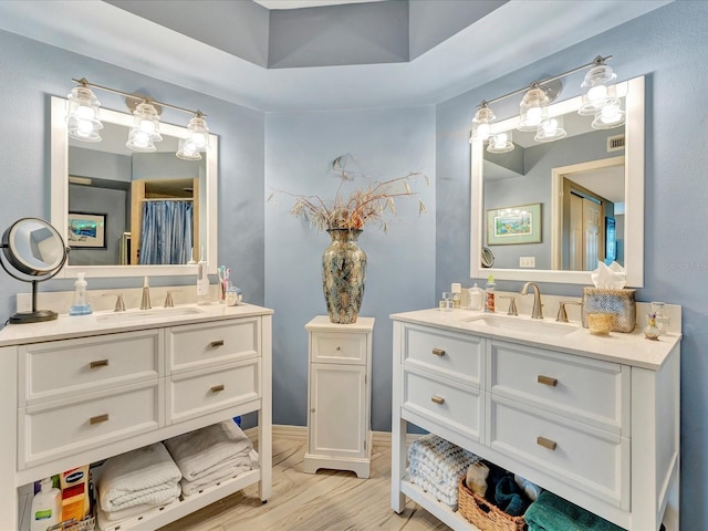 bathroom with hardwood / wood-style floors and vanity