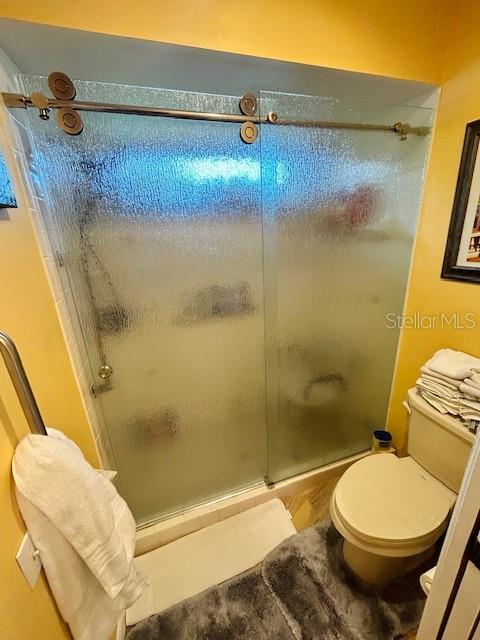 bathroom with a stall shower and toilet