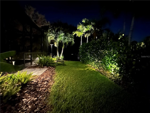 view of yard at night