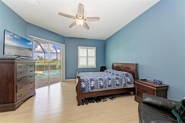 bedroom with access to outside, ceiling fan, and light hardwood / wood-style floors