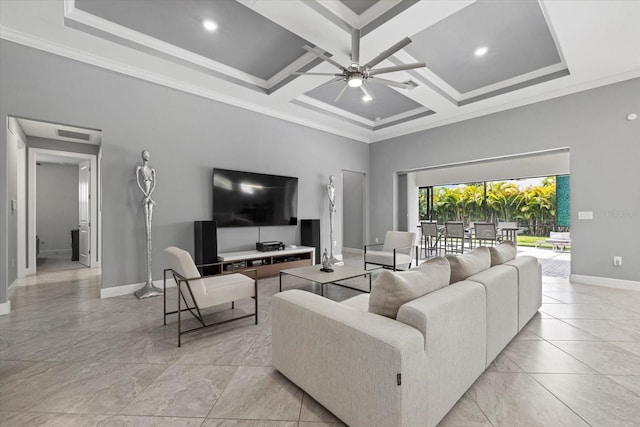 living room with beam ceiling, crown molding, ceiling fan, and coffered ceiling