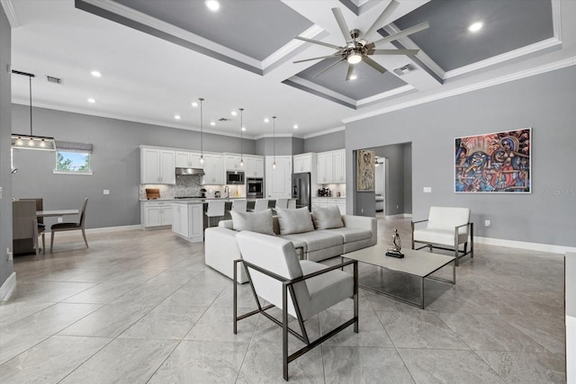 living room featuring beam ceiling, crown molding, ceiling fan, and coffered ceiling