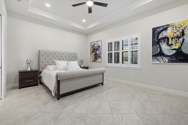 bedroom with a raised ceiling, ceiling fan, and ornamental molding