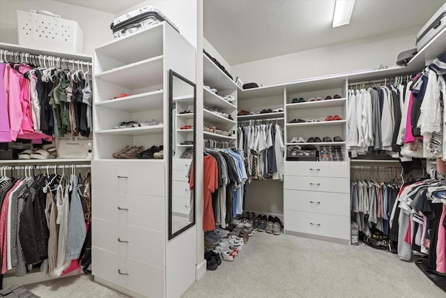 spacious closet featuring light colored carpet