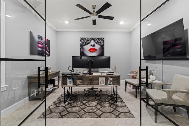 office space featuring ceiling fan and ornamental molding