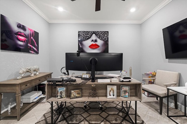 office space with light tile patterned floors and crown molding