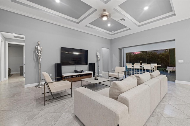 living room with beamed ceiling, crown molding, and coffered ceiling