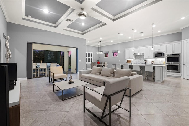 living room featuring ceiling fan, crown molding, and coffered ceiling