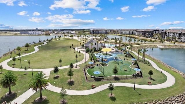 drone / aerial view with a water view