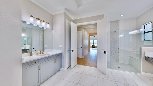 bathroom featuring vanity and walk in shower