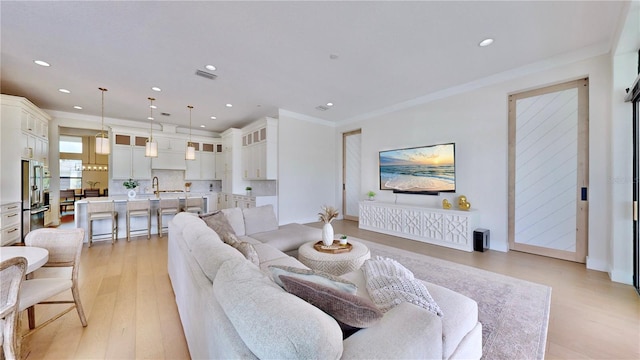 living room featuring light hardwood / wood-style floors, ornamental molding, and sink