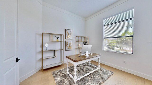 office area featuring crown molding and light hardwood / wood-style floors