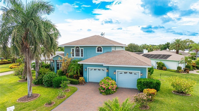 view of front of property with a garage and a front lawn