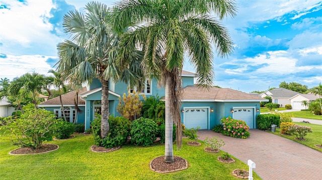 8607 51st Ave W, Bradenton, FL 34210 - view of front of house featuring decorative driveway, an attached garage, stucco siding, and a front yard