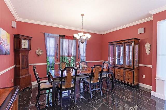 8607 51st Ave W, Bradenton, FL 34210 - dining room with baseboards, a chandelier, marble tiled flooring, and crown molding