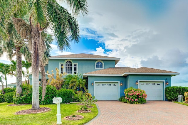 8607 51st Ave W, Bradenton, FL 34210 - view of front of property featuring an attached garage, stucco siding, decorative driveway, and a front lawn