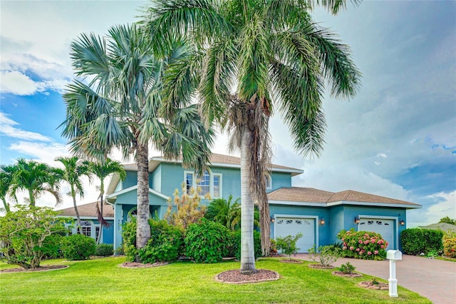 8607 51st Ave W, Bradenton, FL 34210 - view of front of property with a garage, stucco siding, a front yard, and driveway