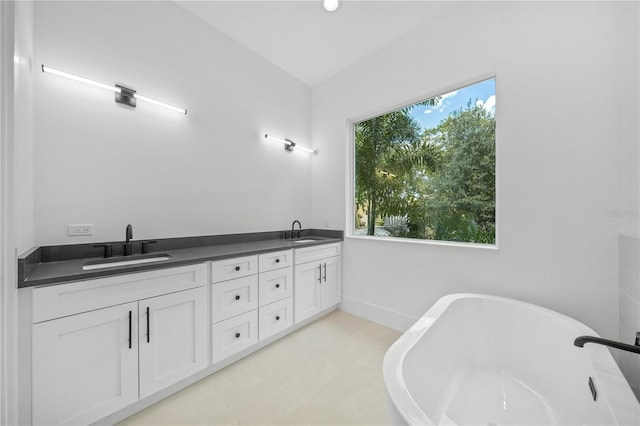 bathroom featuring a washtub and vanity