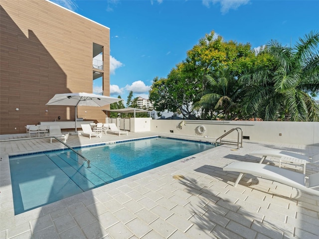 view of swimming pool with a patio