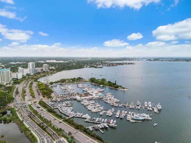 aerial view featuring a water view