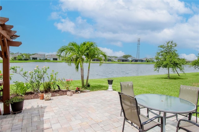 view of patio with a water view