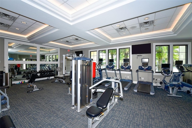 gym featuring crown molding, a healthy amount of sunlight, and a tray ceiling