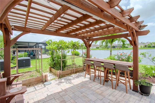 view of patio with central air condition unit, a lanai, a water view, and a pergola