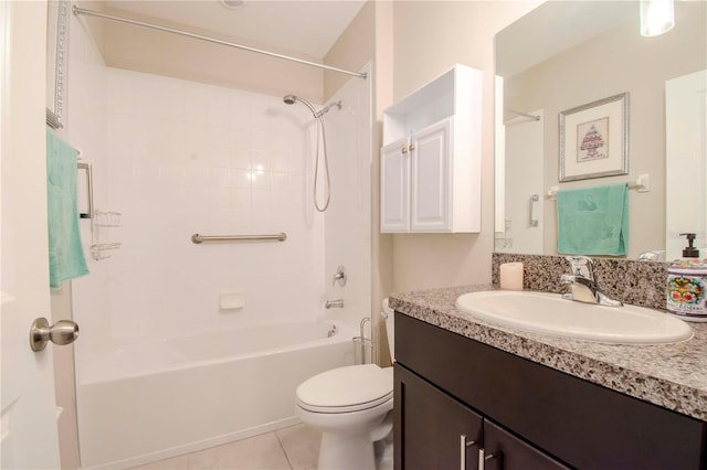 full bathroom with toilet, shower / bath combination, tile patterned floors, and vanity