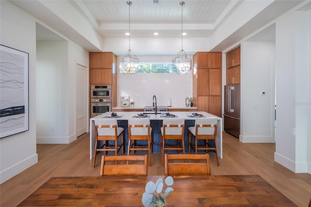 kitchen with stainless steel appliances, a tray ceiling, wood-type flooring, an island with sink, and decorative light fixtures