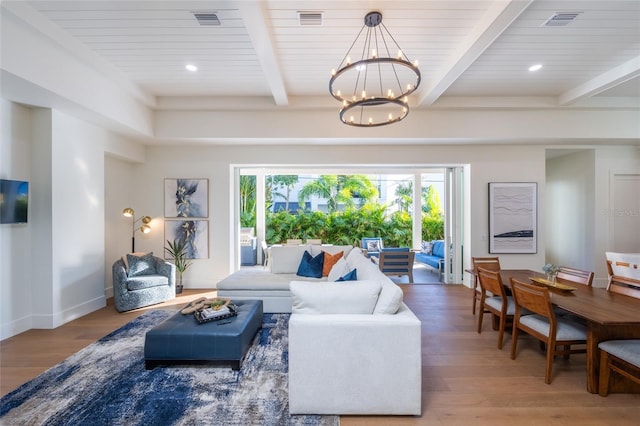 living room featuring an inviting chandelier, wood-type flooring, beam ceiling, and wooden ceiling