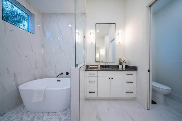 bathroom with vanity, a bathtub, and toilet