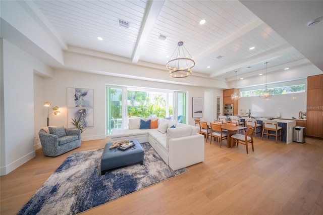 living room with a notable chandelier, beam ceiling, light hardwood / wood-style flooring, and wooden ceiling