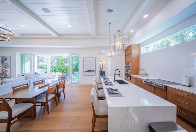 kitchen with sink, a chandelier, hanging light fixtures, a center island with sink, and stainless steel appliances