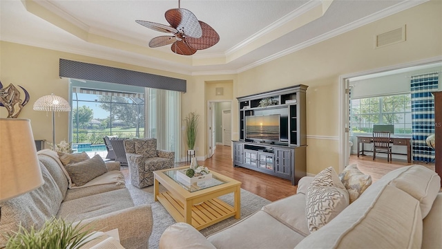 living room featuring a tray ceiling, ceiling fan, a healthy amount of sunlight, and light hardwood / wood-style floors