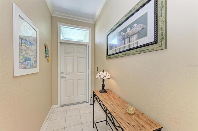 doorway to outside featuring light tile patterned floors and ornamental molding