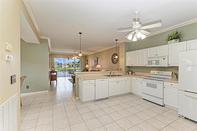 kitchen with white cabinets, white appliances, kitchen peninsula, and light tile patterned floors