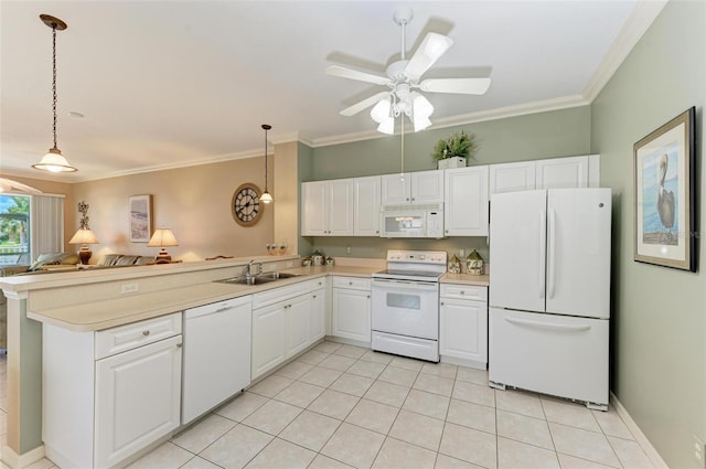 kitchen featuring kitchen peninsula, white cabinetry, pendant lighting, and white appliances