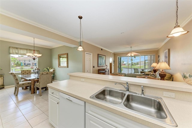 kitchen featuring dishwasher, sink, hanging light fixtures, a chandelier, and white cabinets