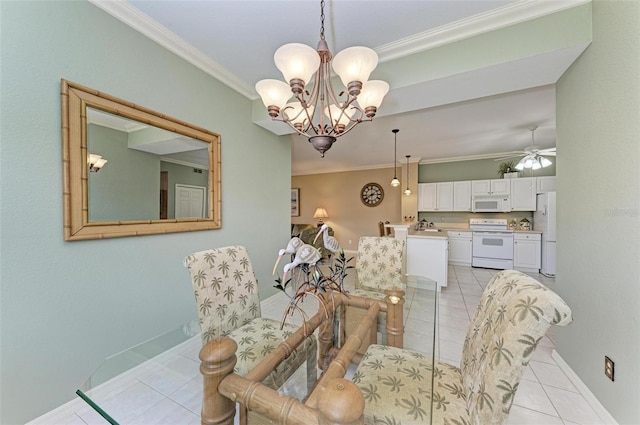 dining area featuring sink, ceiling fan with notable chandelier, crown molding, and light tile patterned flooring