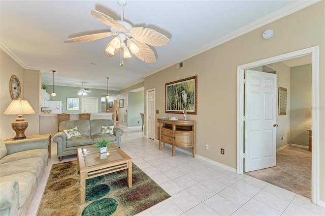 tiled living room with ceiling fan and ornamental molding