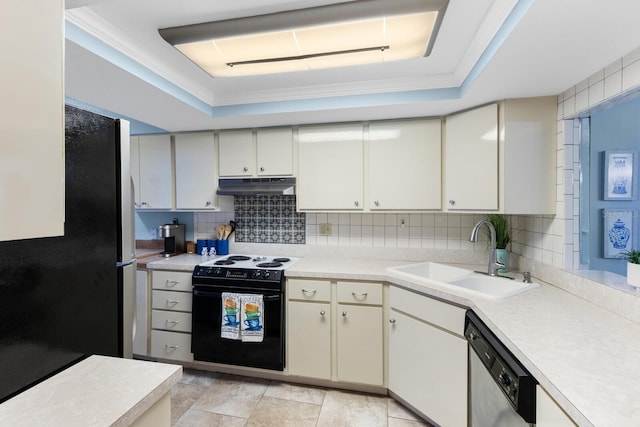 kitchen featuring appliances with stainless steel finishes, a raised ceiling, a sink, and under cabinet range hood