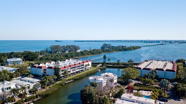 drone / aerial view with a water view