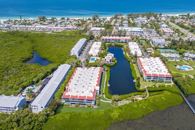 drone / aerial view featuring a water view