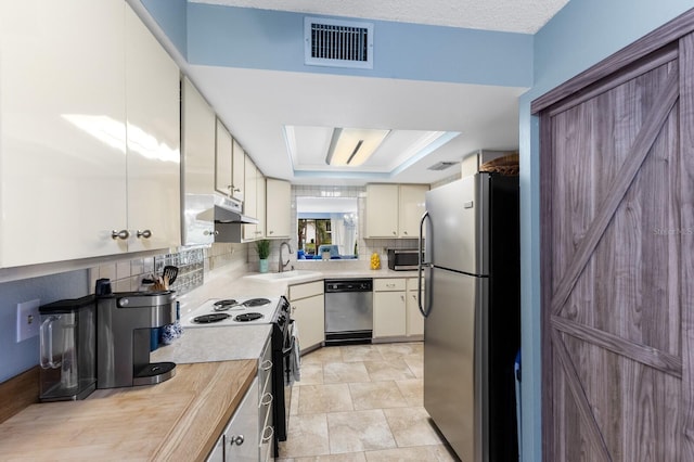 kitchen featuring stainless steel appliances, a raised ceiling, visible vents, a barn door, and a sink