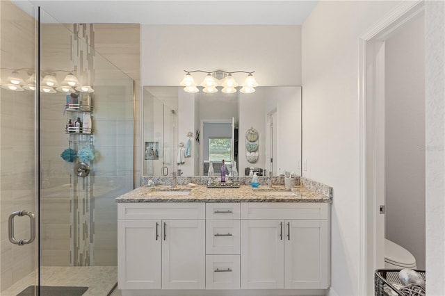 bathroom with vanity, toilet, and a shower with shower door