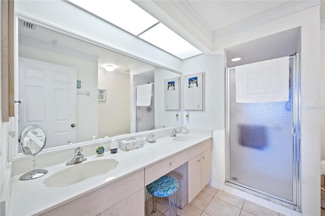 bathroom featuring vanity, tile patterned floors, an enclosed shower, and ornamental molding